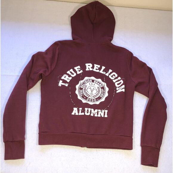 True Religion Zip Hoodie Embellished Studs Burgundy TR Alumni 2002 Womens Sz XS - Picture 3 of 9